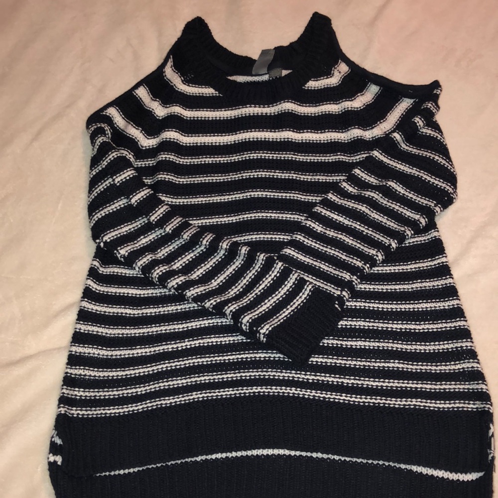 off the shoulder black and white striped sweater